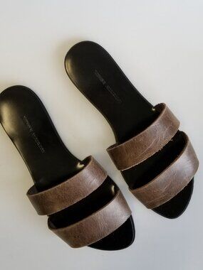 New HANDMADE Brown Genuine Leather Flat Slides Slippers Sandals NYC Designer